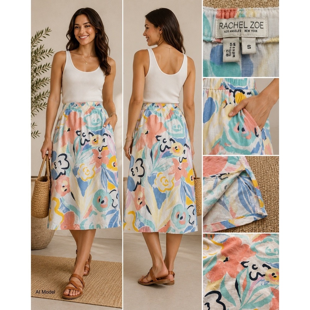 Linen Floral Midi Skirt Small Pastel Cottagecore Coastal Pockets Euro Summer